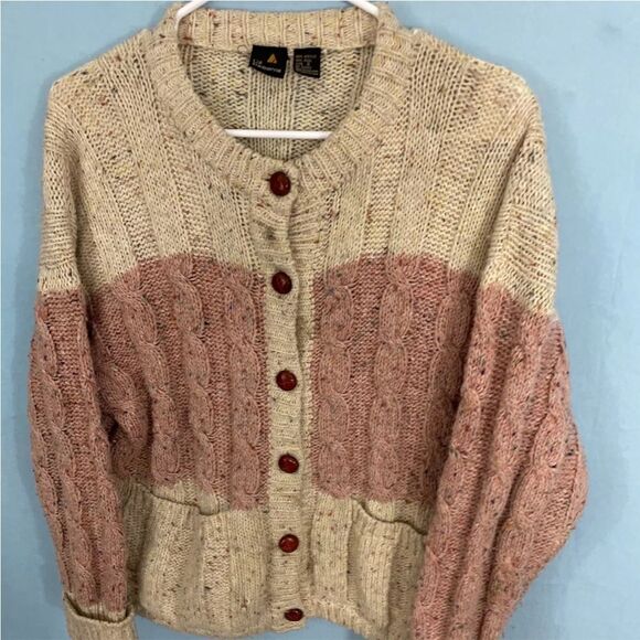 Vintage 90s LIZ CLAIBORNE Cardigan Women Cable Chunky Knit Wool Sweater Cream S - Picture 3 of 16